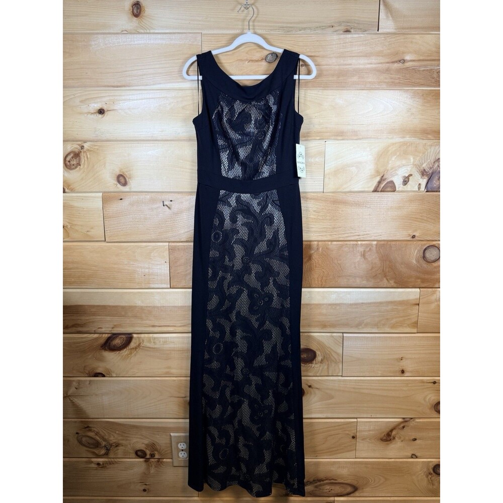 Sangria brand sleeveless long jersey dress with a‎ bonded lace center panel